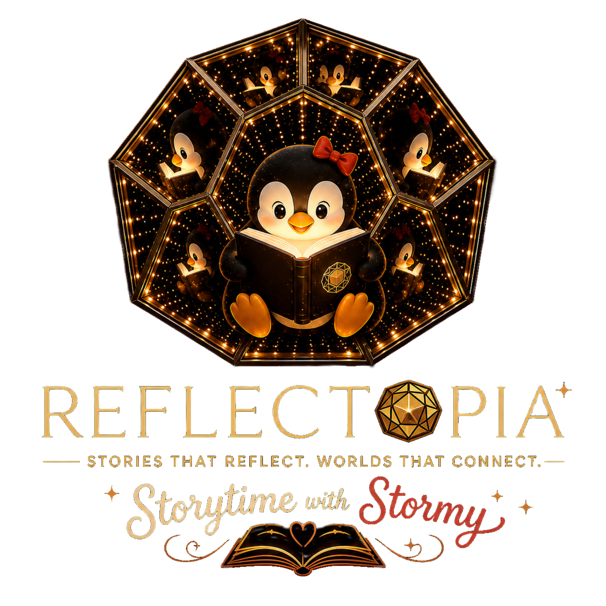 Reflectopia logo with Stormy reading inside a glowing geometric story world